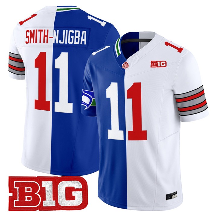 Men's OSU football Seahawks #11 Jaxon Smith-Njigba Split F.US.E. Vapor Limited Stitched Jersey Blue White