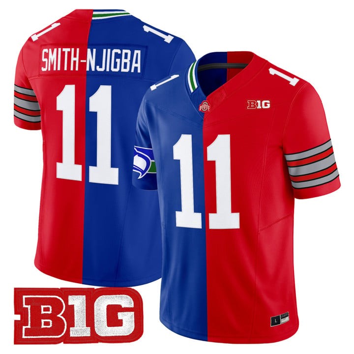 Men's OSU football Seahawks #11 Jaxon Smith-Njigba Split F.US.E. Vapor Limited Stitched Jersey Red Blue