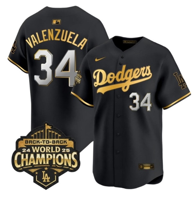 Men's Los Angeles Dodgers #34 Fernando Valenzuela Black Gold 2025 Back to Back Champions Patch Limited Stitched Baseball Jersey