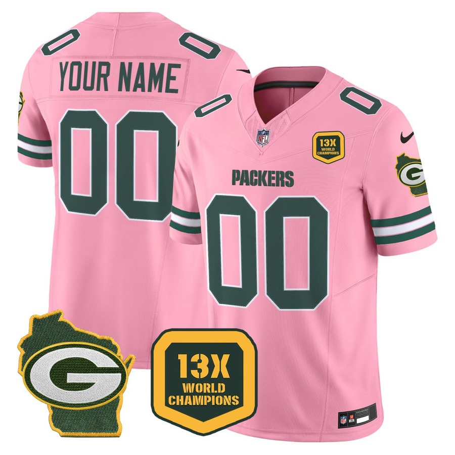 Nike Green Bay Packers Custom Pink With Patch 2025 F.U.S.E Vapor Limited Stitched Jersey