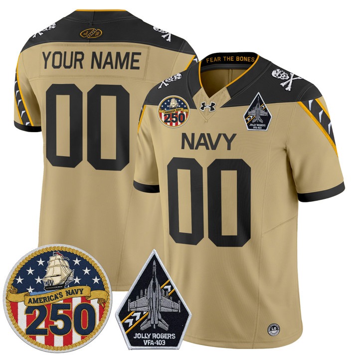 Men's Navy Midshipmen Custom 'Jolly Rogers Edition' 250th Anniversary Patch Vapor Limited Stitched Jersey Gold