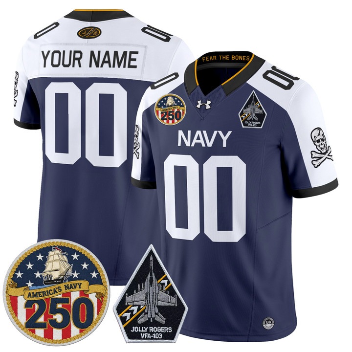 Men's Navy Midshipmen Custom 'Jolly Rogers Edition' 250th Anniversary Patch Vapor Limited Stitched Jersey Navy Alternate