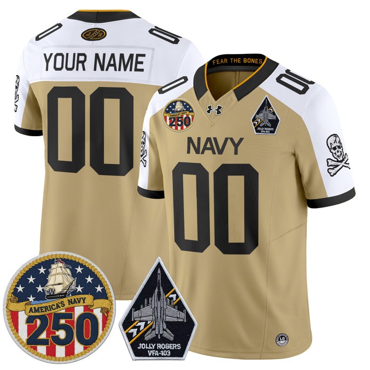 Men's Navy Midshipmen Custom 'Jolly Rogers Edition' 250th Anniversary Patch Vapor Limited Stitched Jersey Gold Alternate