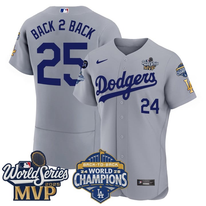 Men's Los Angeles Dodgers Back To Back & World Series Champions 2024-25 and 34 & MVP Patch Stitched Jersey Grey