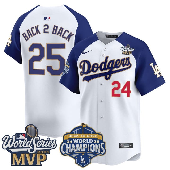 Men's Los Angeles Dodgers Back To Back World Series Champions 2024-25 & MVP Patch Stitched Jersey White Blue