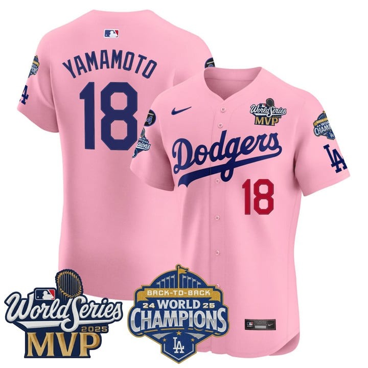 Men's Los Angeles Dodgers #18 Yoshinobu Yamamoto MVP & 2025 World Series Champions & 34 Patchs Flex Base Stitched Jersey Pink