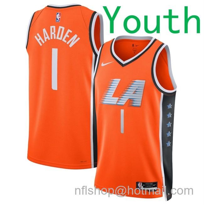 Youth Los Angeles Clippers #1 James Harden Orange 2025-26 City Edition Stitched Jersey