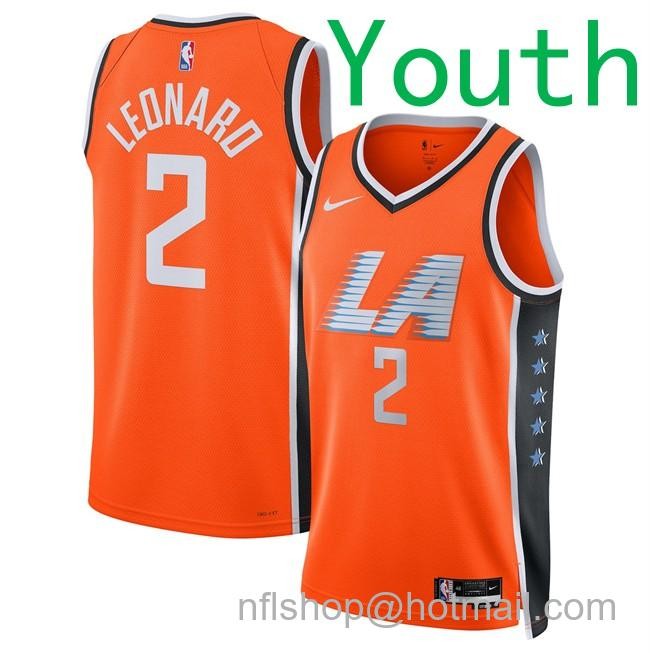 Youth Los Angeles Clippers #2 Kawhi Leonard Orange 2025-26 City Edition Stitched Jersey