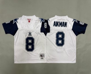 Youth Dallas Cowboys #8 Troy Aikman White Blue 1994 Throwback Stitched Jersey