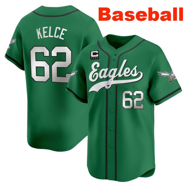 Men's Philadelphia Eagles #62 Jason Kelce Baseball Kelly Green 2025 Nike Limited Stitched Jersey