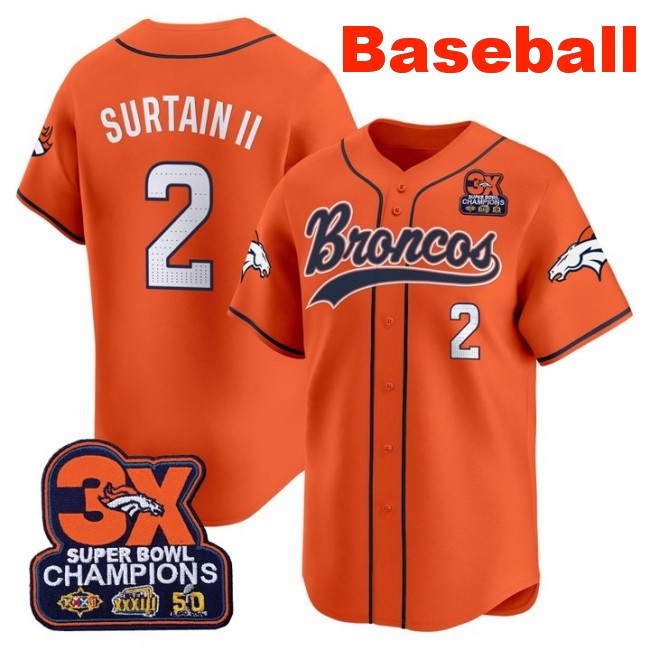 Men's Denver Broncos #2 Patrick Surtain II Orange 2025 Baseball 3X-SBC Patch Nike Limited Stitched Jersey