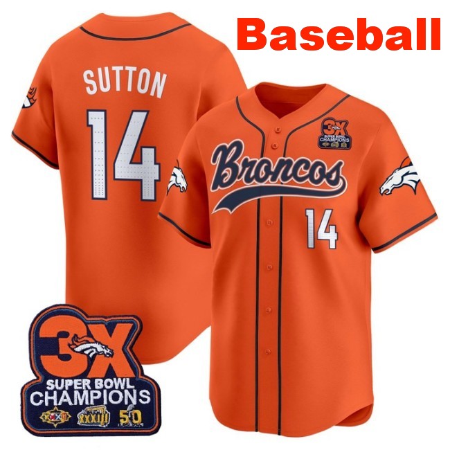 Men's Denver Broncos #14 Courtland Sutton Orange 2025 Baseball 3X-SBC Patch Nike Limited Stitched Jersey