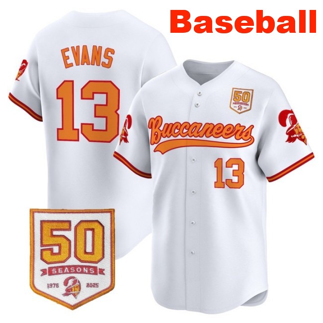 Men's Tampa Bay Buccaneers #13 Mike Evans Baseball Throwback Nike Limited Stitched Jersey With 50th Season Patch White