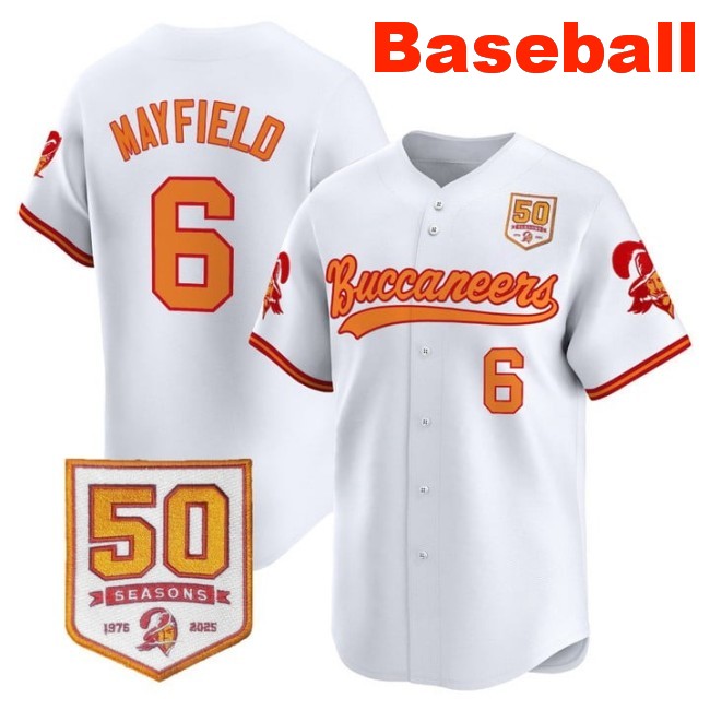 Men's Tampa Bay Buccaneers #6 Baker Mayfield Baseball Throwback Nike Limited Stitched Jersey With 50th Season Patch White