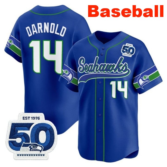 Men's Seattle Seahawks #14 Sam Darnold Baseball Royal Throwback Nike Limited Stitched Jersey 50th Anniversary Patch