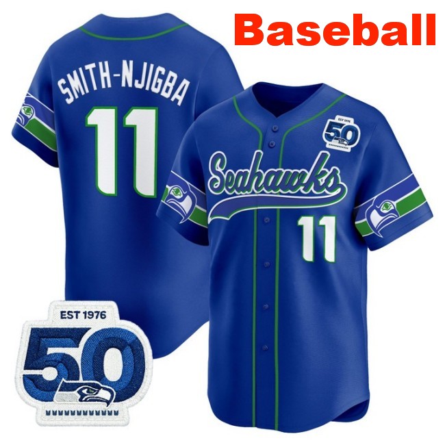 Men's Seattle Seahawks #11 Jaxon Smith-Njigba Baseball Royal Throwback Nike Limited Stitched Jersey 50th Anniversary Patch
