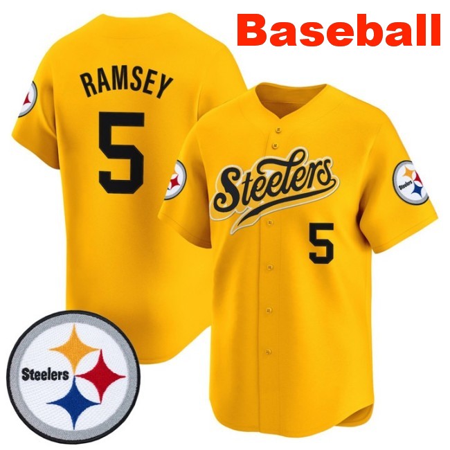 Men's Pittsburgh Steelers #5 Jalen Ramsey Baseball 2025 Nike Limited V3 Stitched Jersey Gold