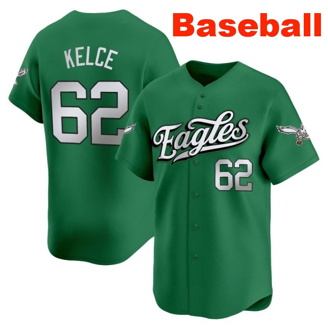 Men's Philadelphia Eagles #62 Jason Kelce Baseball 2025 Nike Limited V2 Stitched Jersey Kelly Green