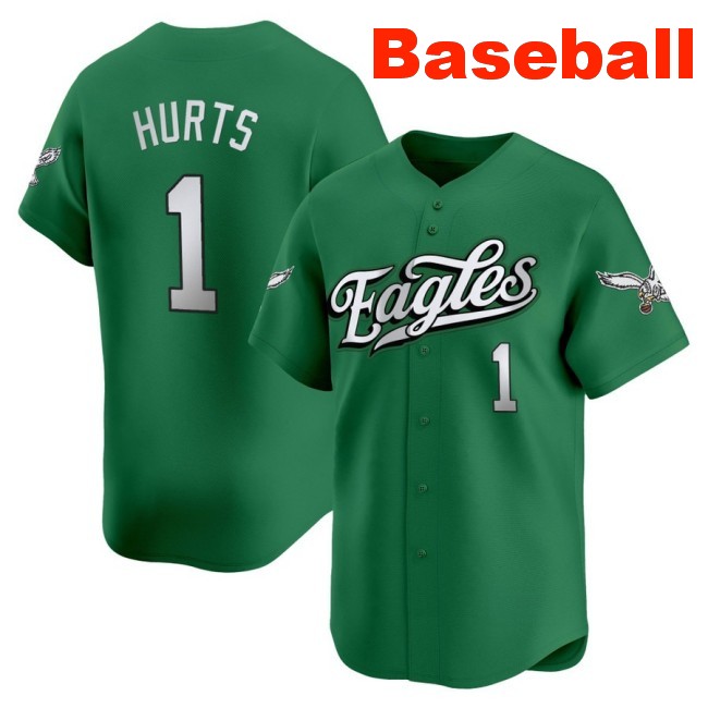 Men's Philadelphia Eagles #1 Jalen Hurts Baseball 2025 Nike Limited V2 Stitched Jersey Kelly Green
