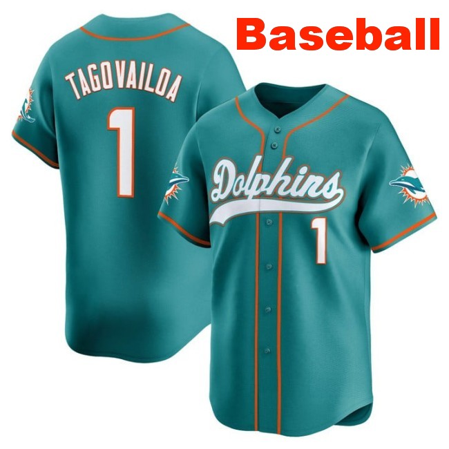 Men's Miami Dolphins #1 Tua Tagovailoa Baseball Nike 2025 Limited Stitched Jersey Aqua