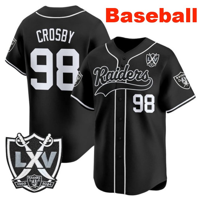 Men's Las Vegas Raiders #98 Maxx Crosby Baseball Nike Limited Stitched Jersey Black With 65th Anniversary Patch