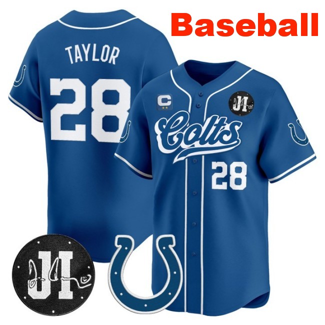 Men's Indianapolis Colts #28 Jonathan Taylor Baseball Nike 2025 Jim Irsay Patch Limited Stitched Jersey Royal