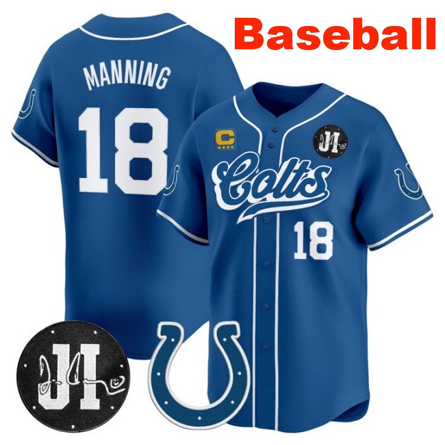 Men's Indianapolis Colts #18 Peyton Manning Baseball Nike 2025 Jim Irsay Patch Limited Stitched Jersey Royal