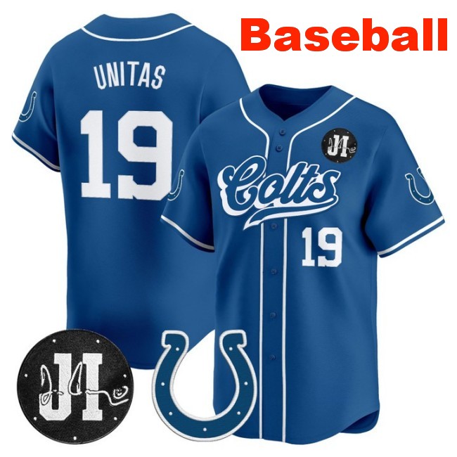 Men's Indianapolis Colts #19 Johnny Unitas Baseball Nike 2025 Jim Irsay Patch Limited Stitched Jersey Royal