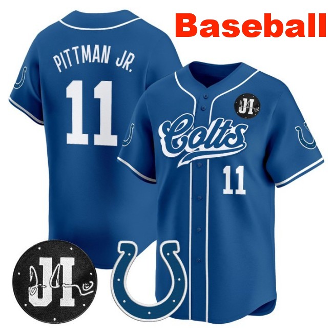 Men's Indianapolis Colts #11 Anthony Richardson Sr. Michael Pittman Jr. Baseball Nike 2025 Jim Irsay Patch Limited Stitched Jersey Royal