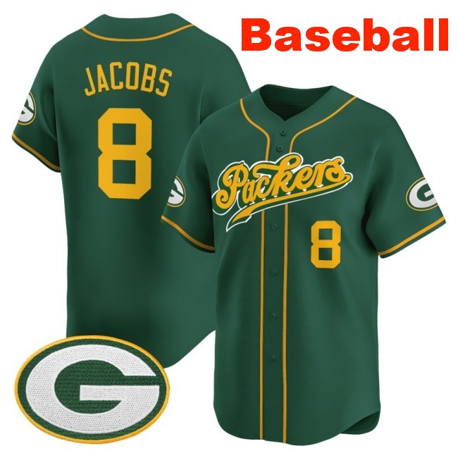 Men's Green Bay Packers #8 Josh Jacobs Baseball 2025 Nike Limited V2 Stitched Jersey Green