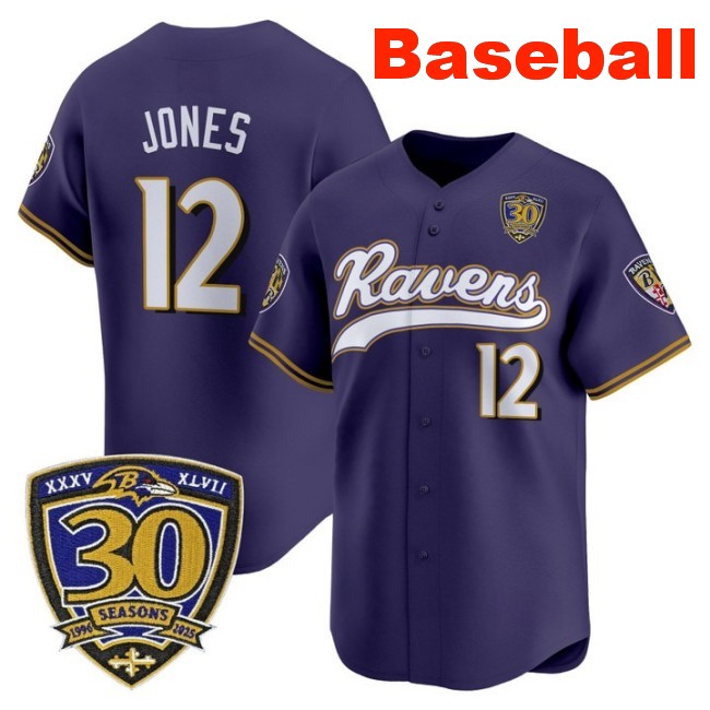 Men's Baltimore Ravens #12 Jacoby Jones Baseball 2025 Nike Limited Stitched Jersey Purple With 30th Anniversary Patch
