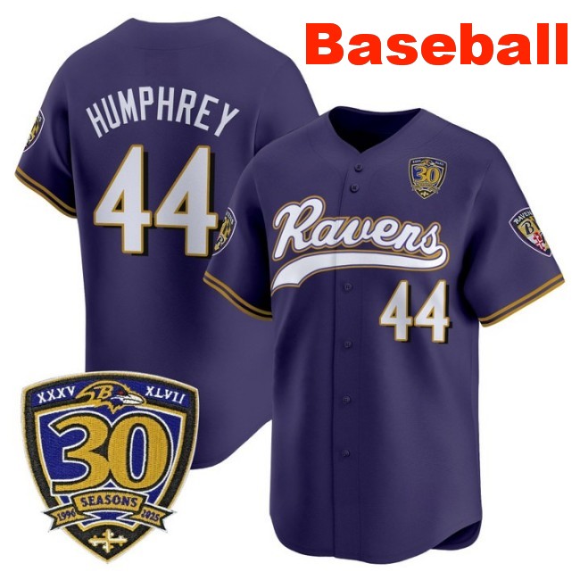 Men's Baltimore Ravens #44 Marlon Humphrey Baseball 2025 Nike Limited Stitched Jersey Purple With 30th Anniversary Patch