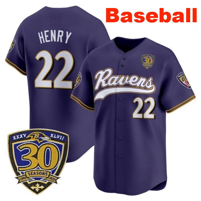 Men's Baltimore Ravens #22 Derrick Henry Baseball 2025 Nike Limited Stitched Jersey Purple With 30th Anniversary Patch