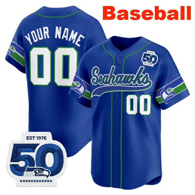 Nike Seattle Seahawks Custom Baseball 50th Anniversary Limited Stitched Jersey Royal Throwback