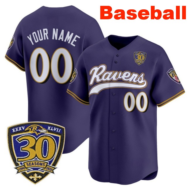 Nike Baltimore Ravens Custom Baseball 2025 Limited Stitched Jersey Purple With 30th Anniversary Patch