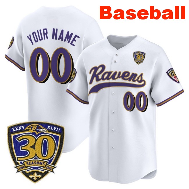 Nike Baltimore Ravens Custom Baseball 2025 Limited Stitched Jersey White With 30th Anniversary Patch