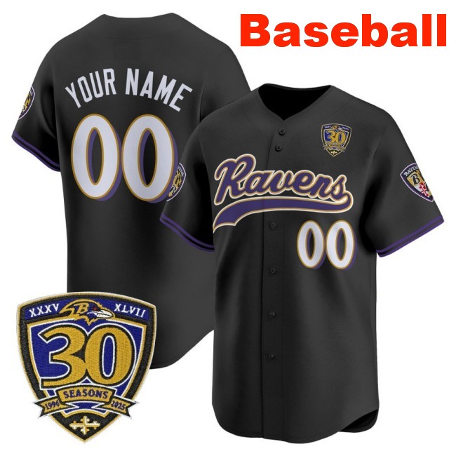 Nike Baltimore Ravens Custom Baseball 2025 Limited Stitched Jersey Black With 30th Anniversary Patch