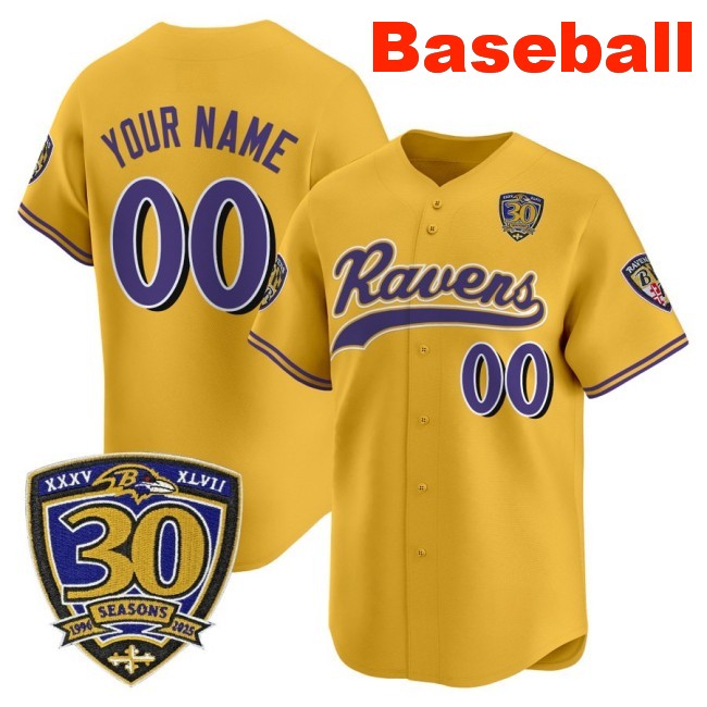 Nike Baltimore Ravens Custom Baseball 2025 Limited Stitched Jersey Gold With 30th Anniversary Patch
