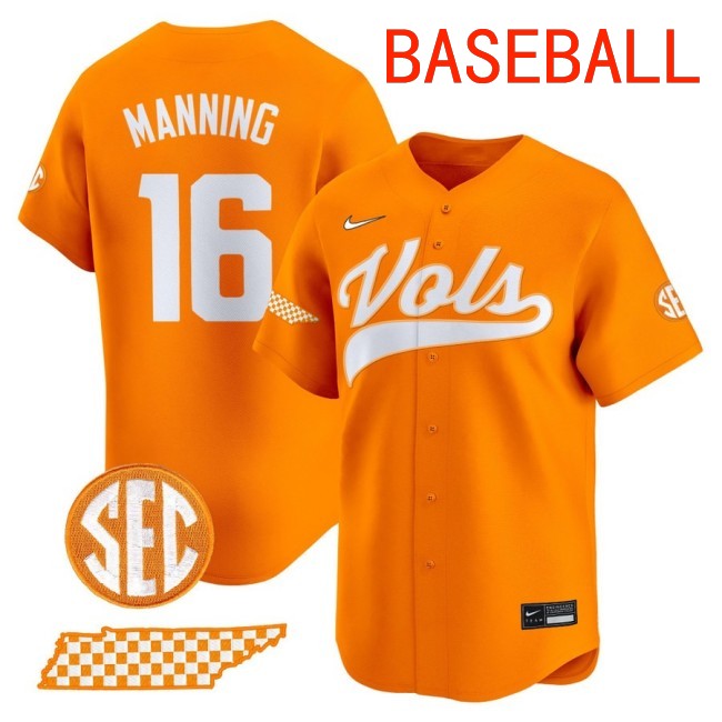 Men's Tennessee Volunteers #16 Peyton Manning Baseball 2025 Nike Limited Stitched Jersey Orange