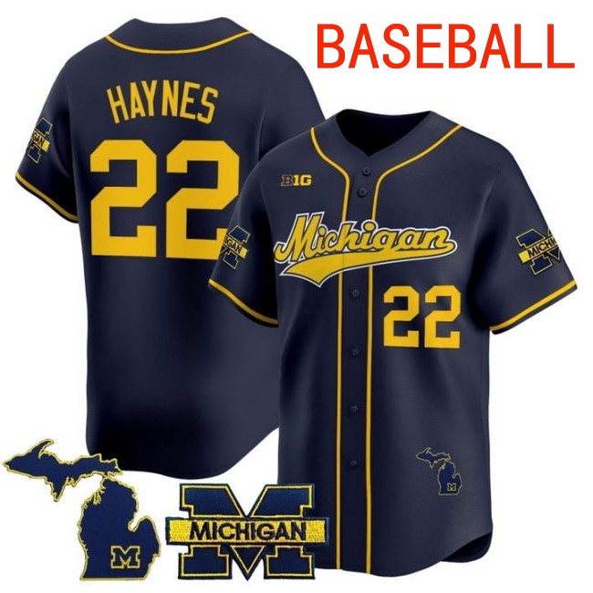 Men's Michigan Wolverines #22 Justice Haynes Baseball 2025 Nike Limited Stitched Jersey Navy