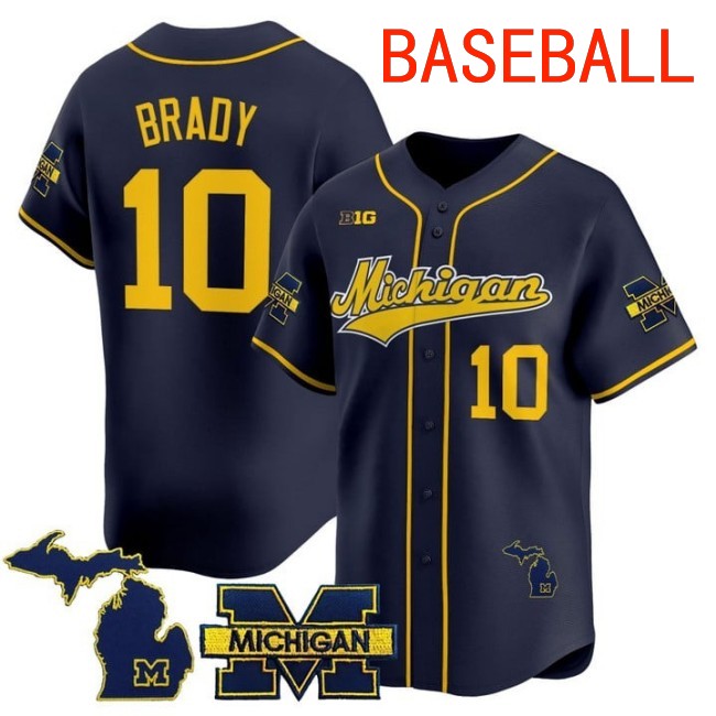 Men's Michigan Wolverines #10 Tom Brady Baseball 2025 Nike Limited Stitched Jersey Navy