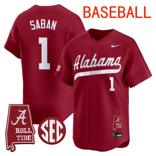 Men's Alabama Crimson Tide #1 Nick Saban Baseball 2025 Nike Limited Stitched Jersey Crimson