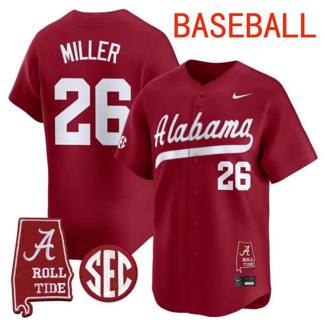 Men's Alabama Crimson Tide #26 Jam Miller Baseball 2025 Nike Limited Stitched Jersey Crimson