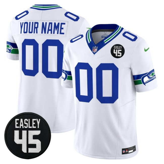 Men's Seattle Seahawks Custom #45 Kenny Easley Memorial Patch F.U.S.E. 2025 Vapor Limited Stitched Jersey White