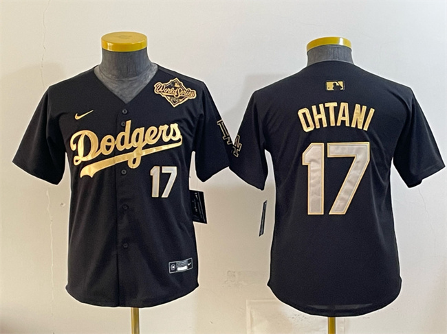 Youth Los Angeles Dodgers #17 Shohei Ohtani Black Gold 2025 World Series Patch Limited Stitched Baseball Jersey
