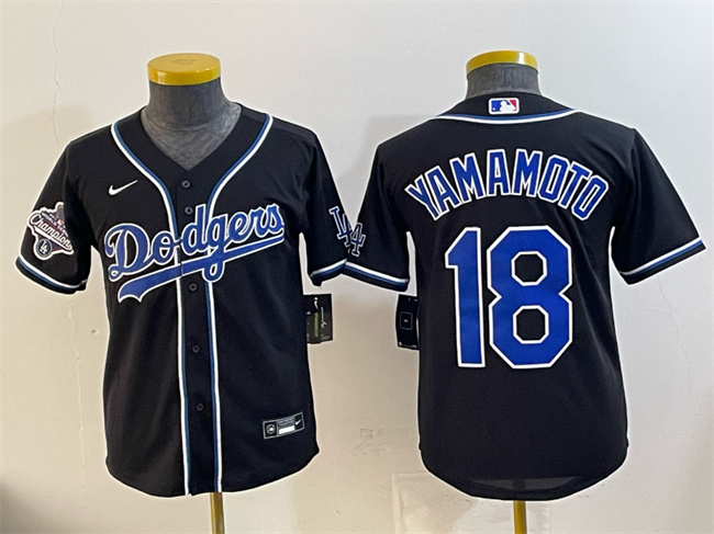 Youth Los Angeles Dodgers #18 Yoshinobu Yamamoto Black Fashion 2025 World Series Champions Cool Base Stitched Baseball Jersey