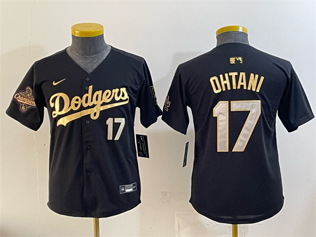 Youth Los Angeles Dodgers #17 Shohei Ohtani Black Gold 2025 World Series Champions Patch Limited Stitched Baseball Jersey