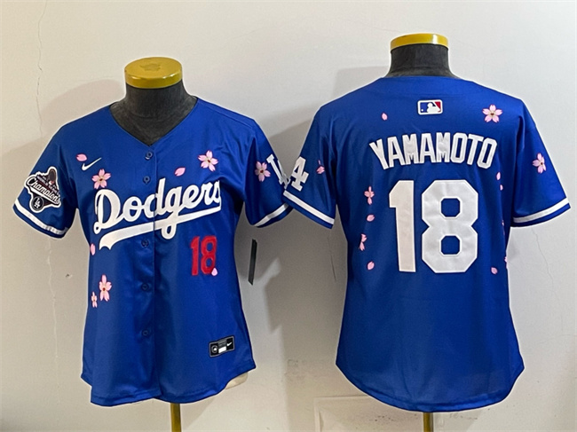 Youth Los Angeles Dodgers #18 Yoshinobu Yamamoto Royal 2025 World Series Champions Patch Tokyo Series Limited Stitched Baseball Jersey