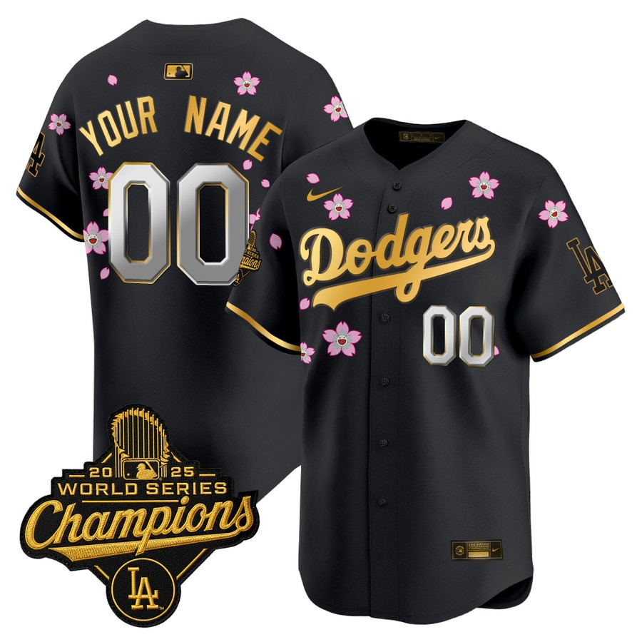 Men's Dodgers Custom 2025 World Series Champions x Tokyo Series Gold Trim Nike Limited Stitched Jersey Black Gold