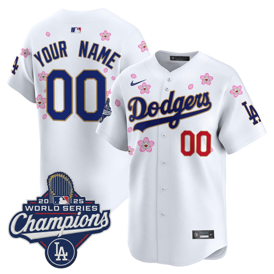 Men's Dodgers Custom 2025 World Series Champions x Tokyo Series Gold Trim Nike Limited Stitched Jersey White